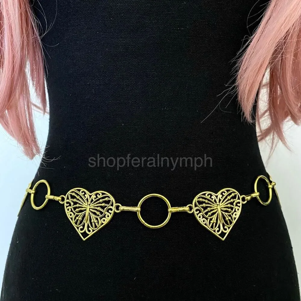 Gold Y2K Butterfly Heart Open Ring Chain Belt, Fits 25-44 Inches, X7GA1318